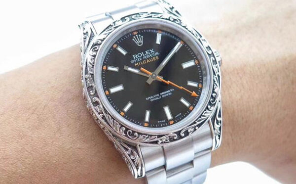 Rolex Milgauss Srebro Ręcznie Ręcznie Rzeźbiony Luksusowy Zegarek Repliki